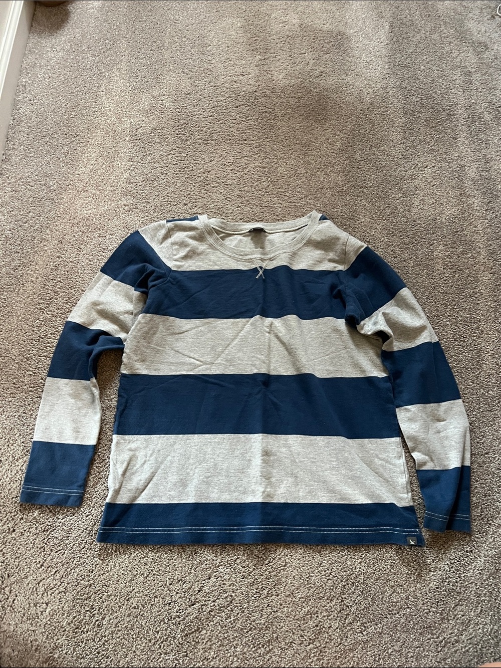 Eddie Bauer Navy and Light Gray Wide-Stripe Long Sleeve Top